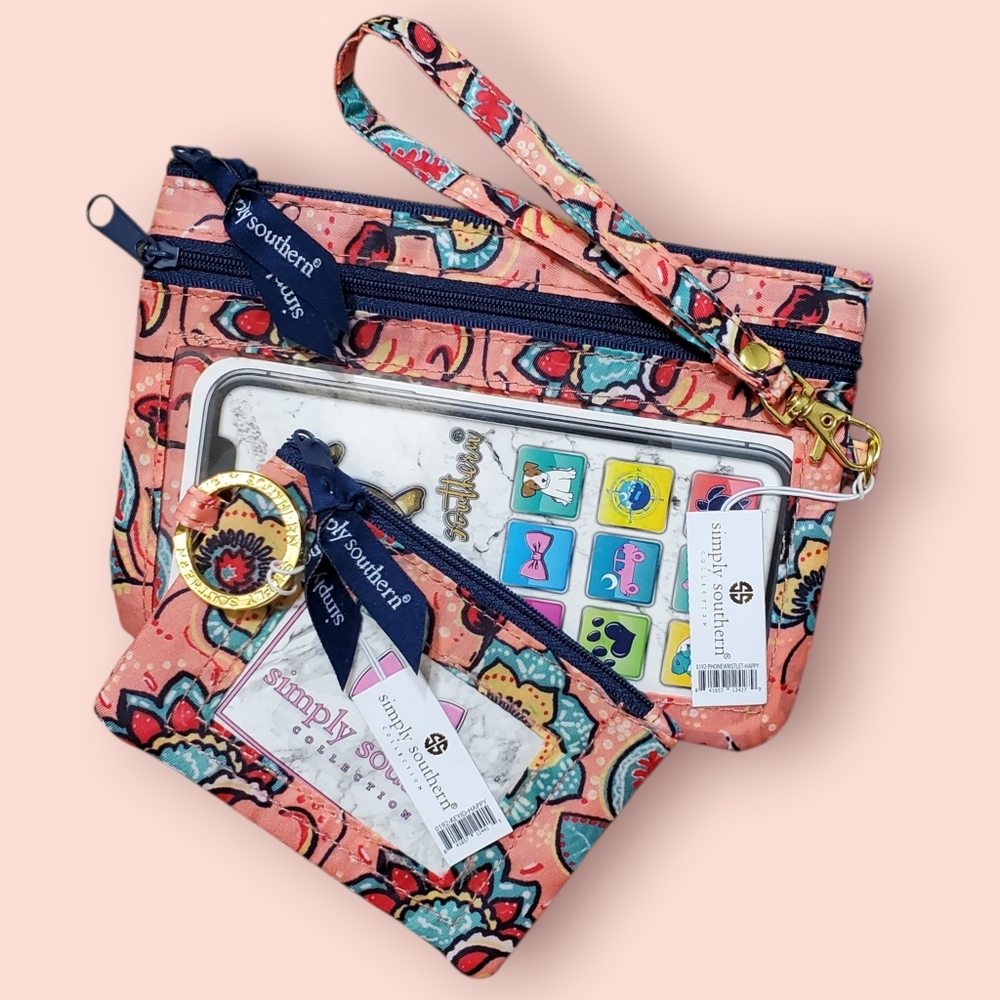 Simply Southern Coral and Navy Floral Set Key Ring ID And Wristlet Pouch NWT